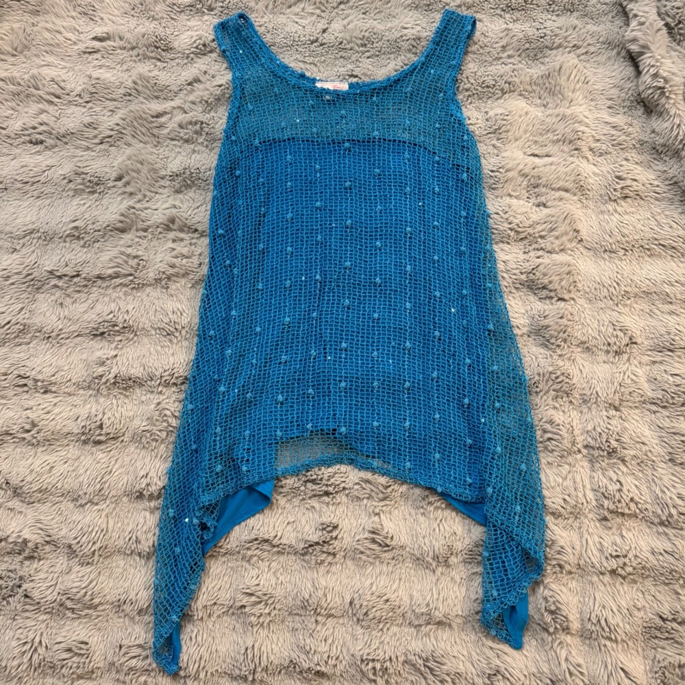 Pretty Woman Blue Crochet Sequin Sharkbite Hem Tank Top Made in USA Style 3512 L